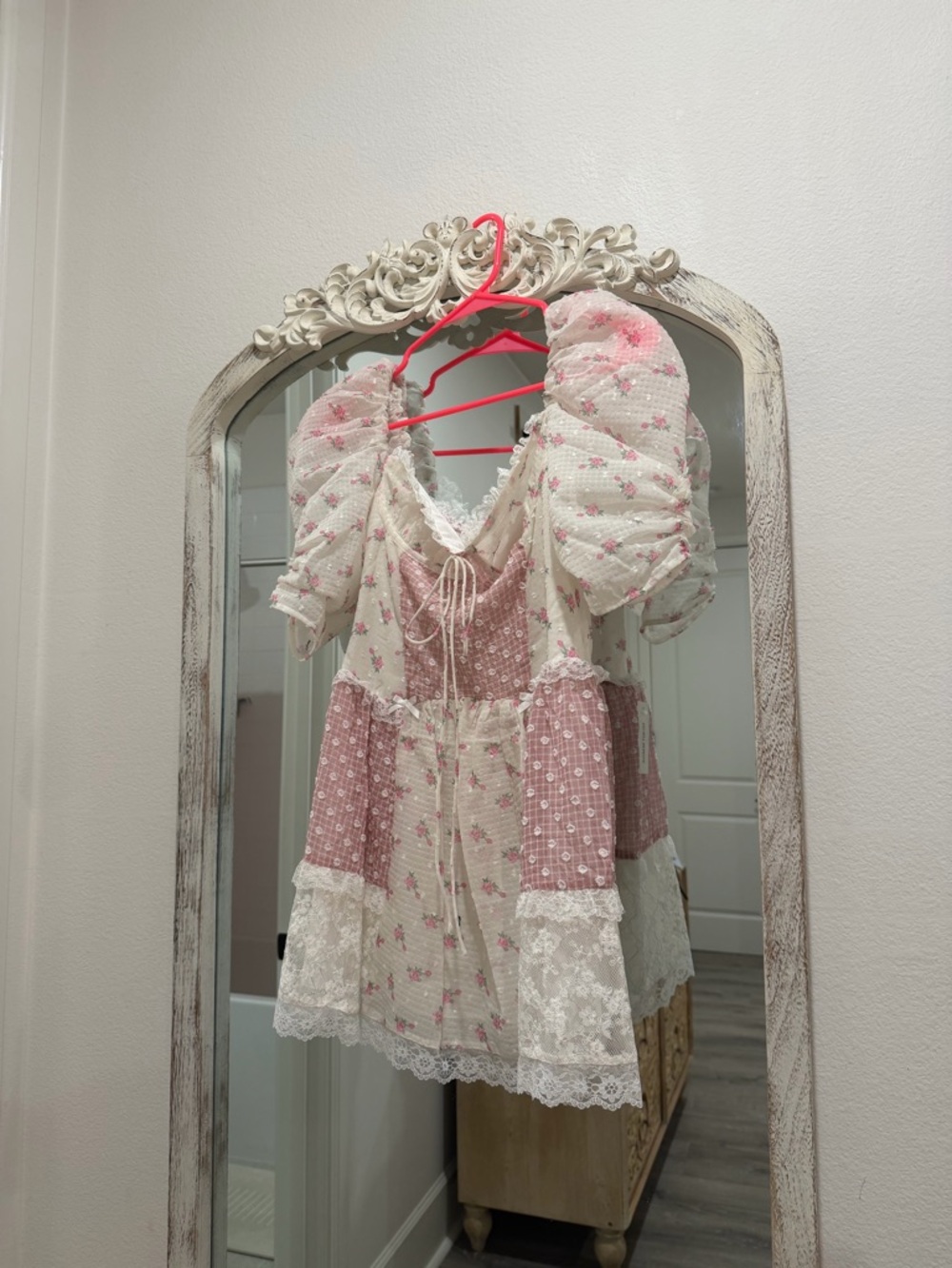 New! For love and lemons Romantic Pink Floral Lace Patchwork Mini Dress